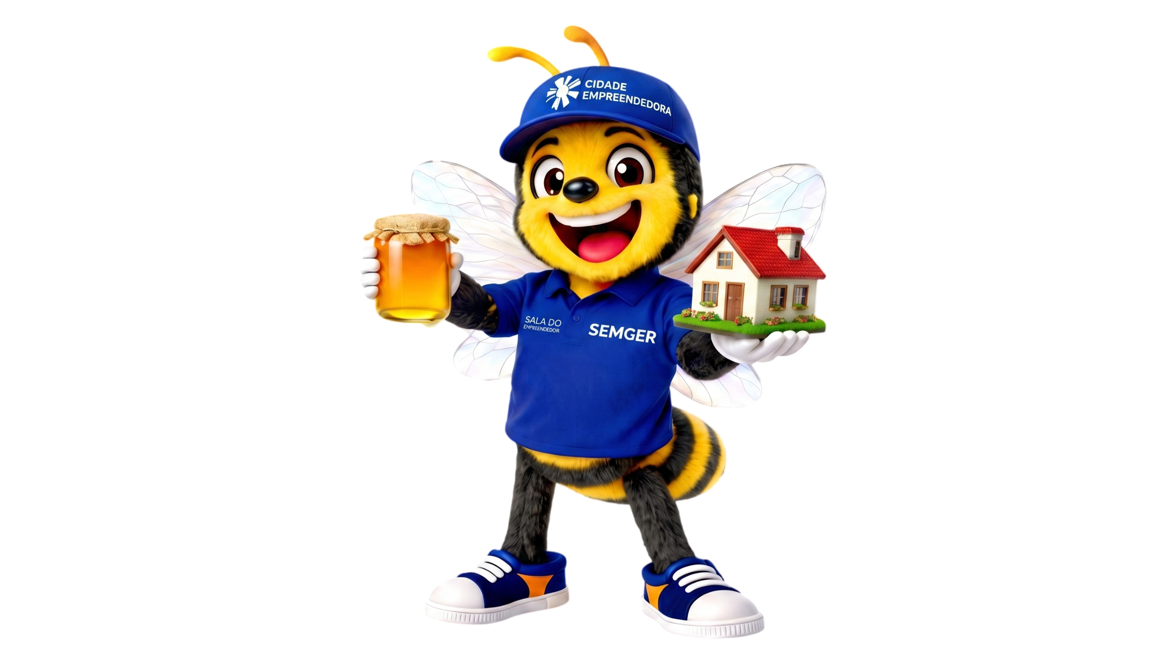 Mascote da Festa do Mel com potes de mel e capacete